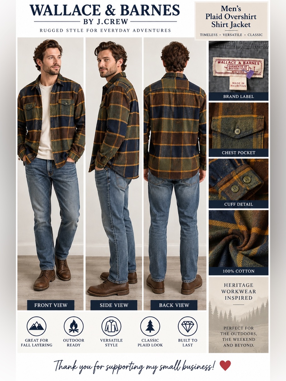 Wallace & Barnes J.Crew Men’s Large Plaid Cotton Workwear Overshirt Shirt Jacket
